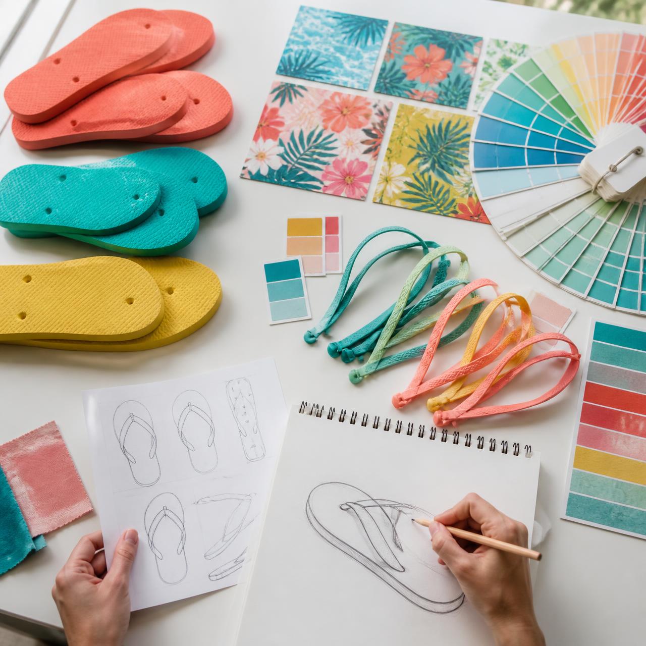 Mesa de criação com solados coloridos, tiras, estampas e cartela de cores